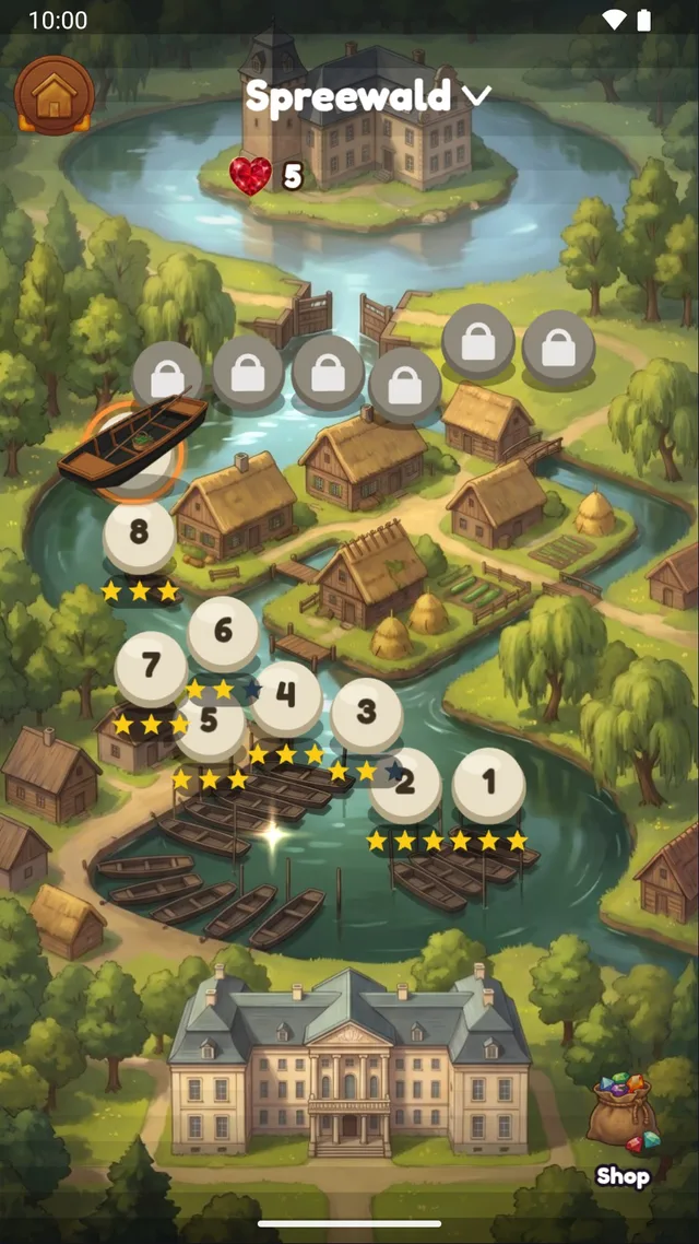 Die Kapitelkarte Spreewald mit einem Kahn auf den Fließen, Holzhäusern am Wasser und nummerierten Leveln mit Sternen.