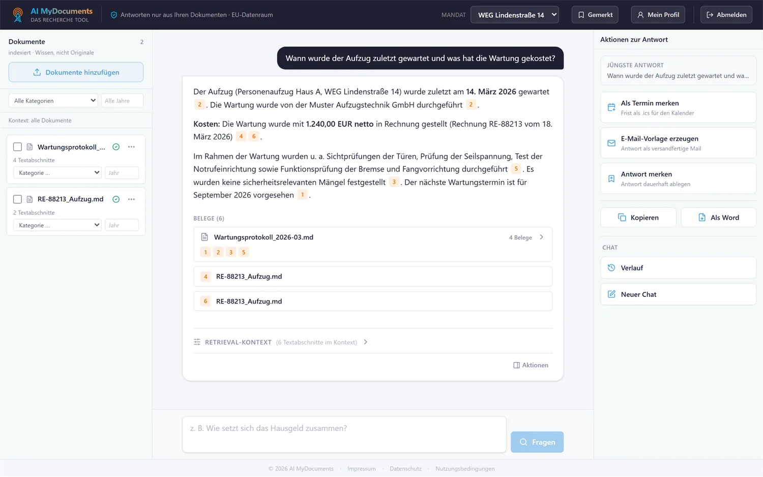 Die Oberfläche von AI MyDocuments mit der Dokumentenliste links, einer Frage zur Aufzugswartung samt belegter Antwort in der Mitte und dem Aktionsbereich rechts.