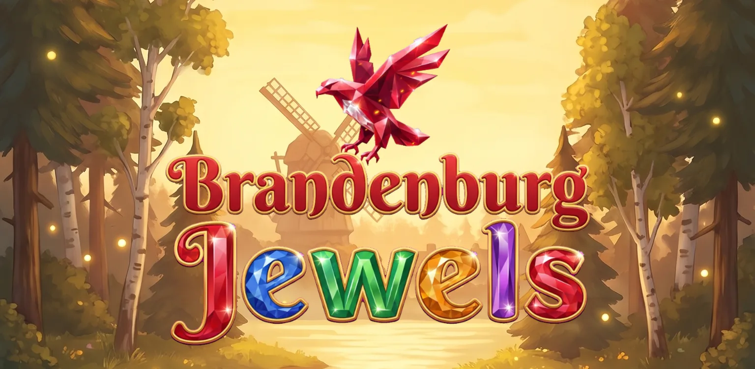 Das Titelbild von Brandenburg Jewels: der Schriftzug aus roten und bunten Edelsteinen, darüber ein roter Rubin-Adler, dahinter eine Windmühle am See im Abendlicht zwischen Birken und Kiefern.