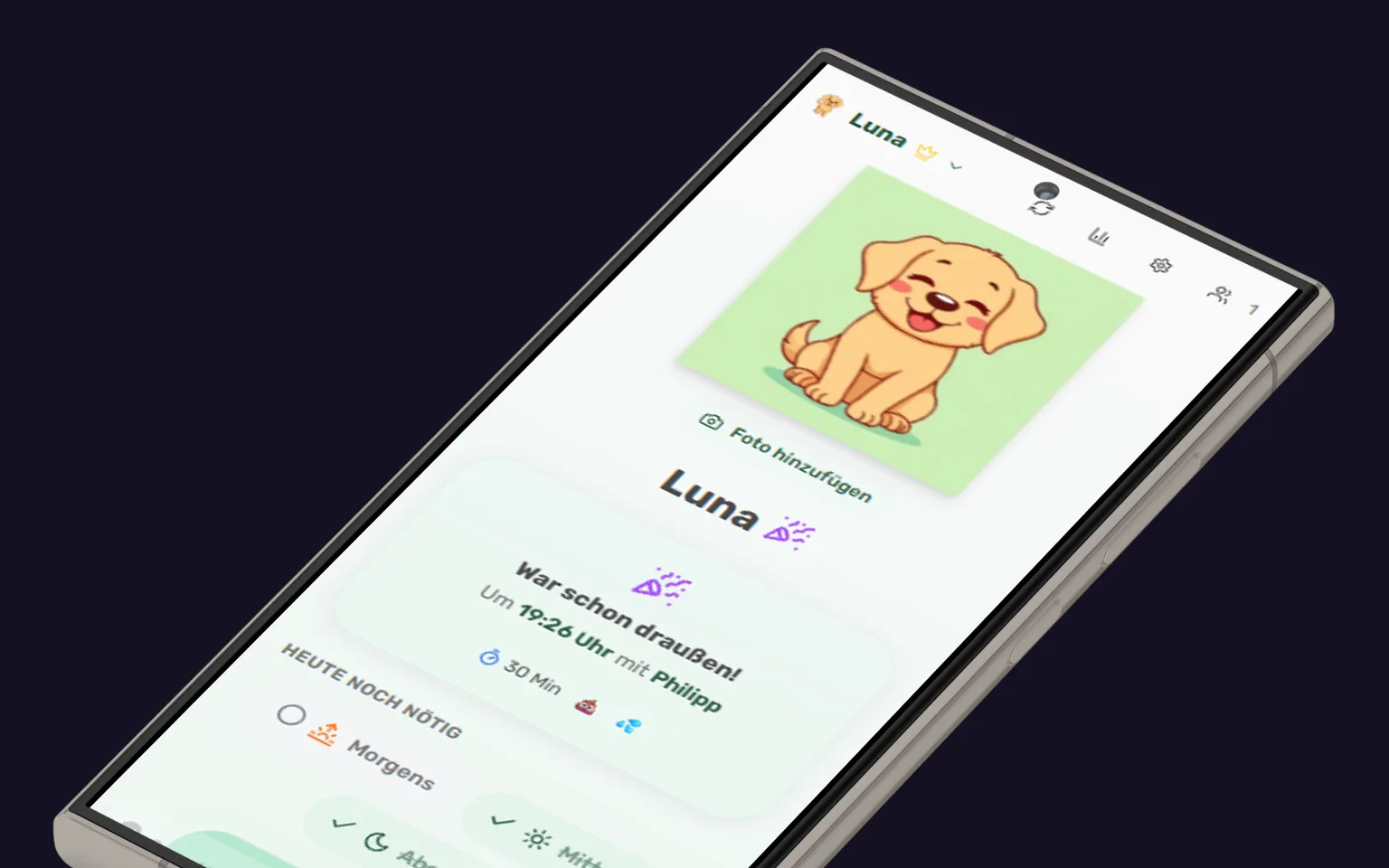 Ein schräg liegendes Smartphone mit dem Hauptbildschirm der Gassi-Geh-App: der Hund Luna, der letzte Spaziergang um 19:26 Uhr mit Philipp und die Tageszeiten Morgens, Mittags und Abends.