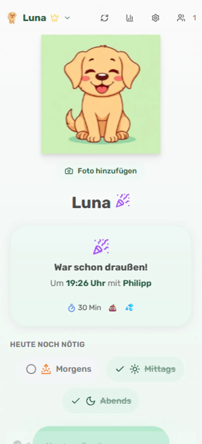 Der Hauptbildschirm der Gassi-Geh-App mit dem Hund Luna, dem letzten Spaziergang und den drei Tageszeiten Morgens, Mittags und Abends.