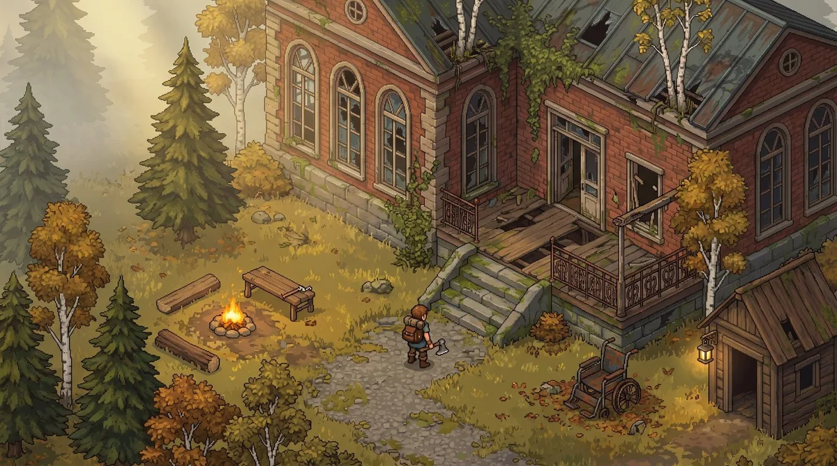 Titelbild von Heilstätten Online im isometrischen Pixelstil: ein verfallenes Backsteingebäude im herbstlichen Wald, davor eine Spielfigur mit Axt und ein Lagerfeuer.
